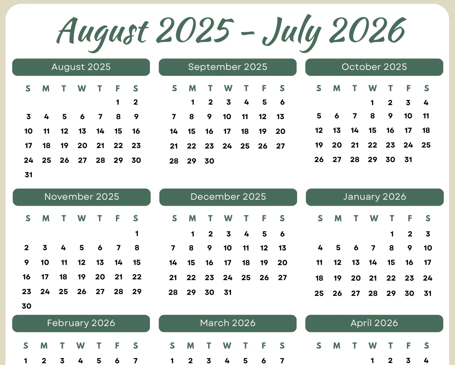 Printable August 2025 july 2026 Calendar With Instant Download 