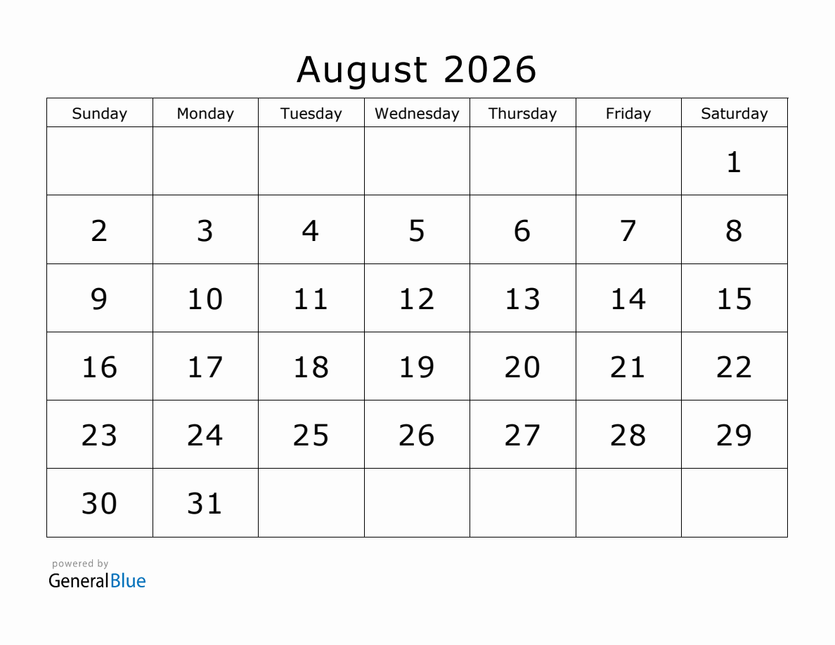 Blank Calendar Printable August 2026
