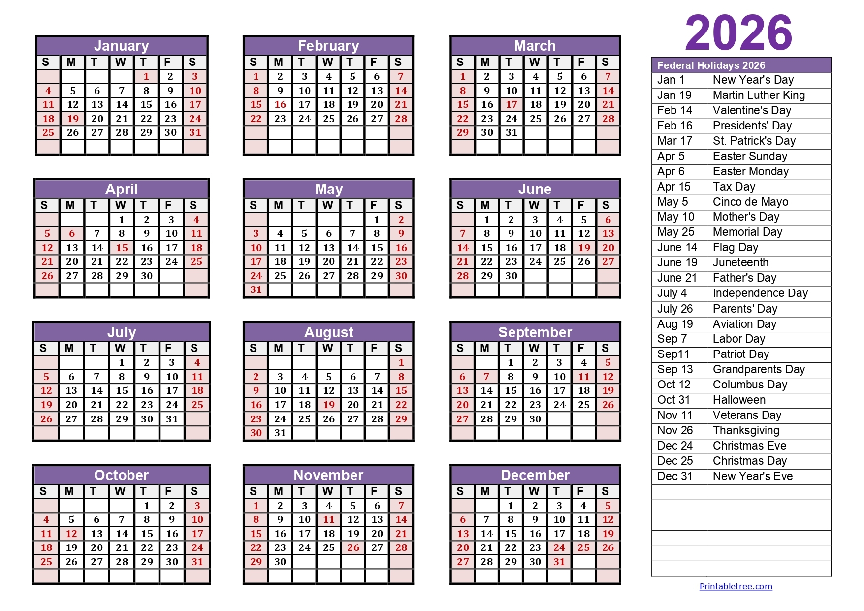Blank 2026 One Page Calendar Printable