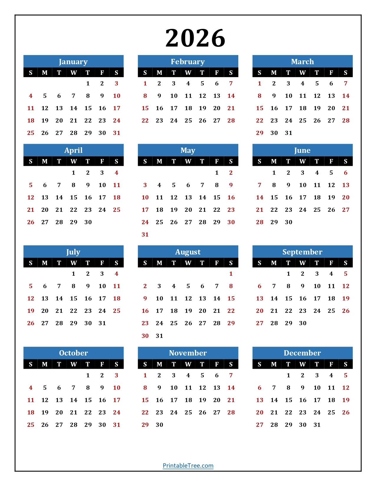 2026 Printable Free Calendar