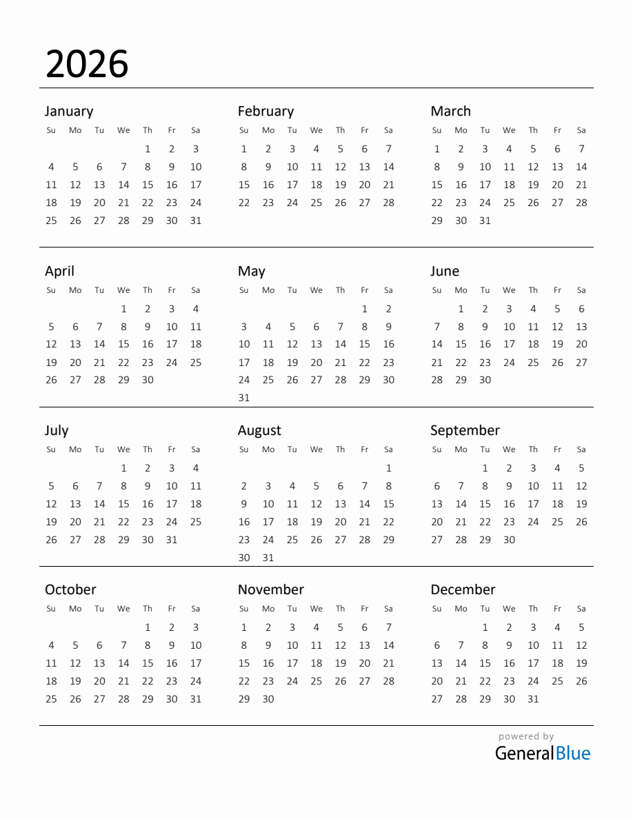 Free Printable 2026 Calendar Blank