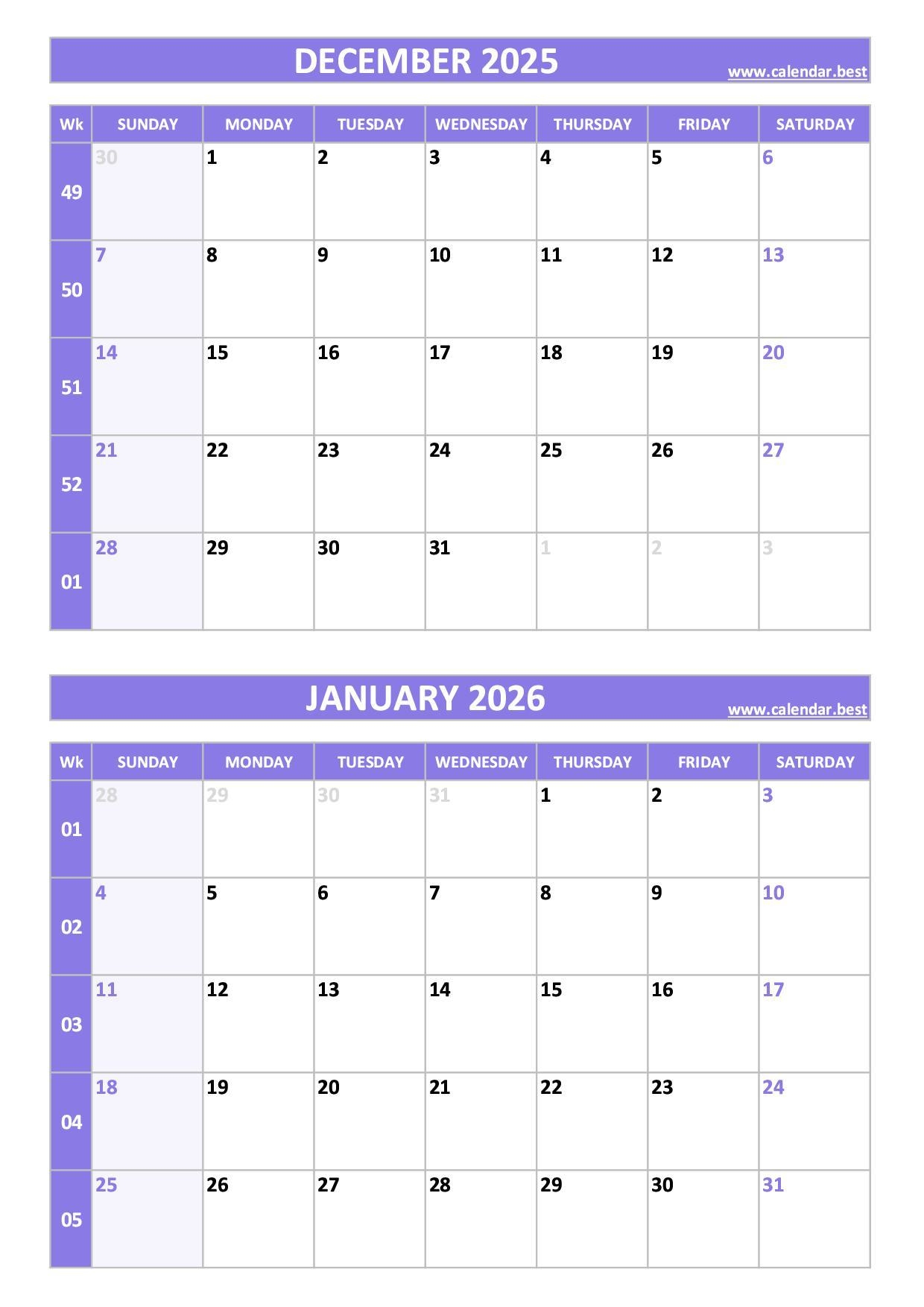 Printable December 2025 And January 2026 Calendar Free PDF amp JPG 