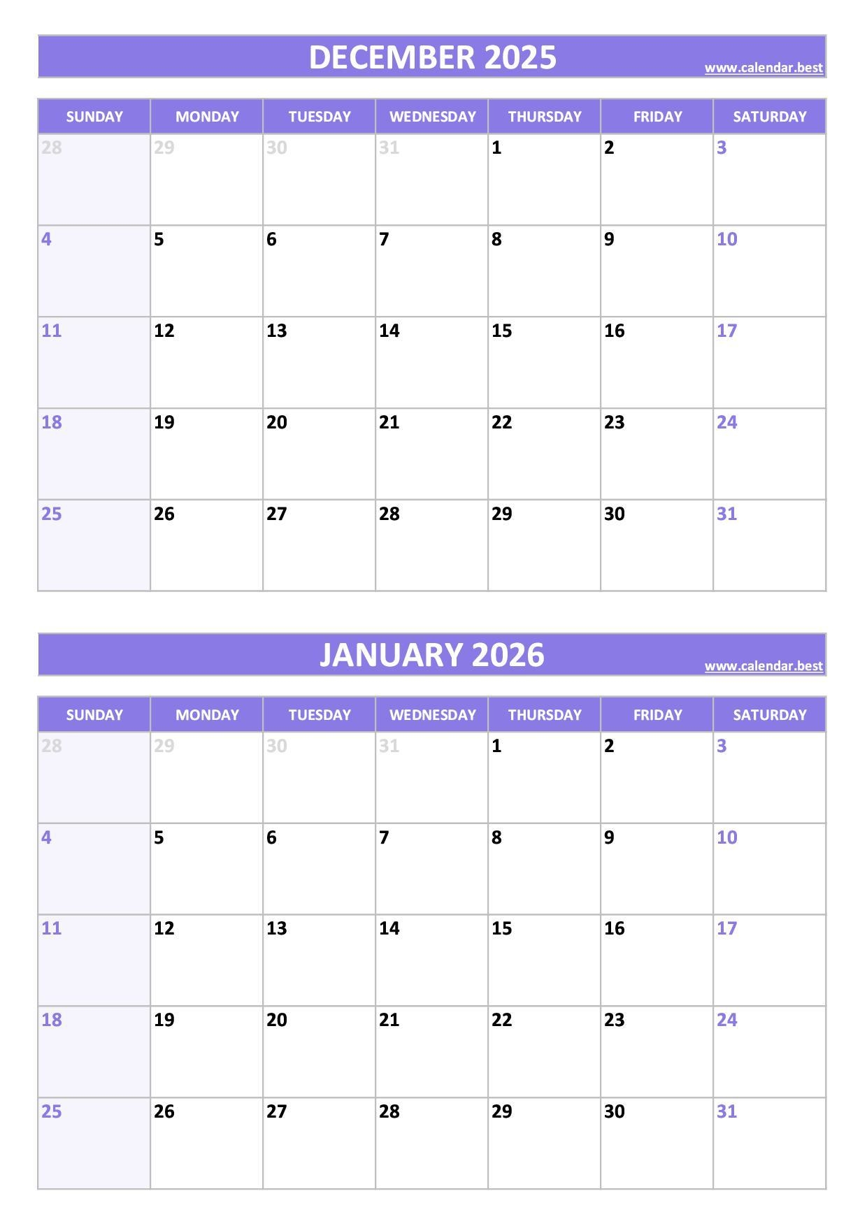 December January Calendar Printable