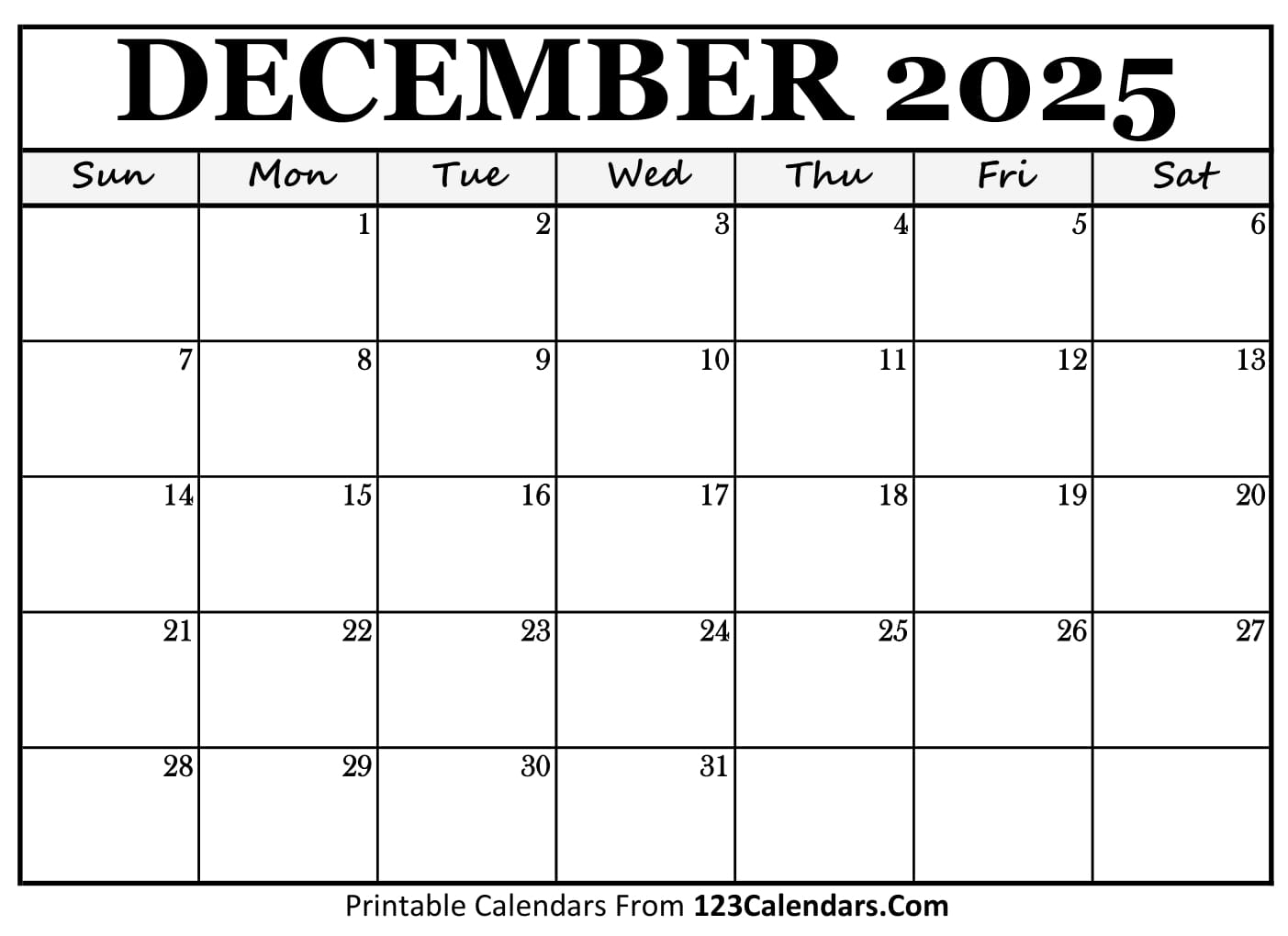 Printable December 2025 Calendar Templates Easy To Download amp Print