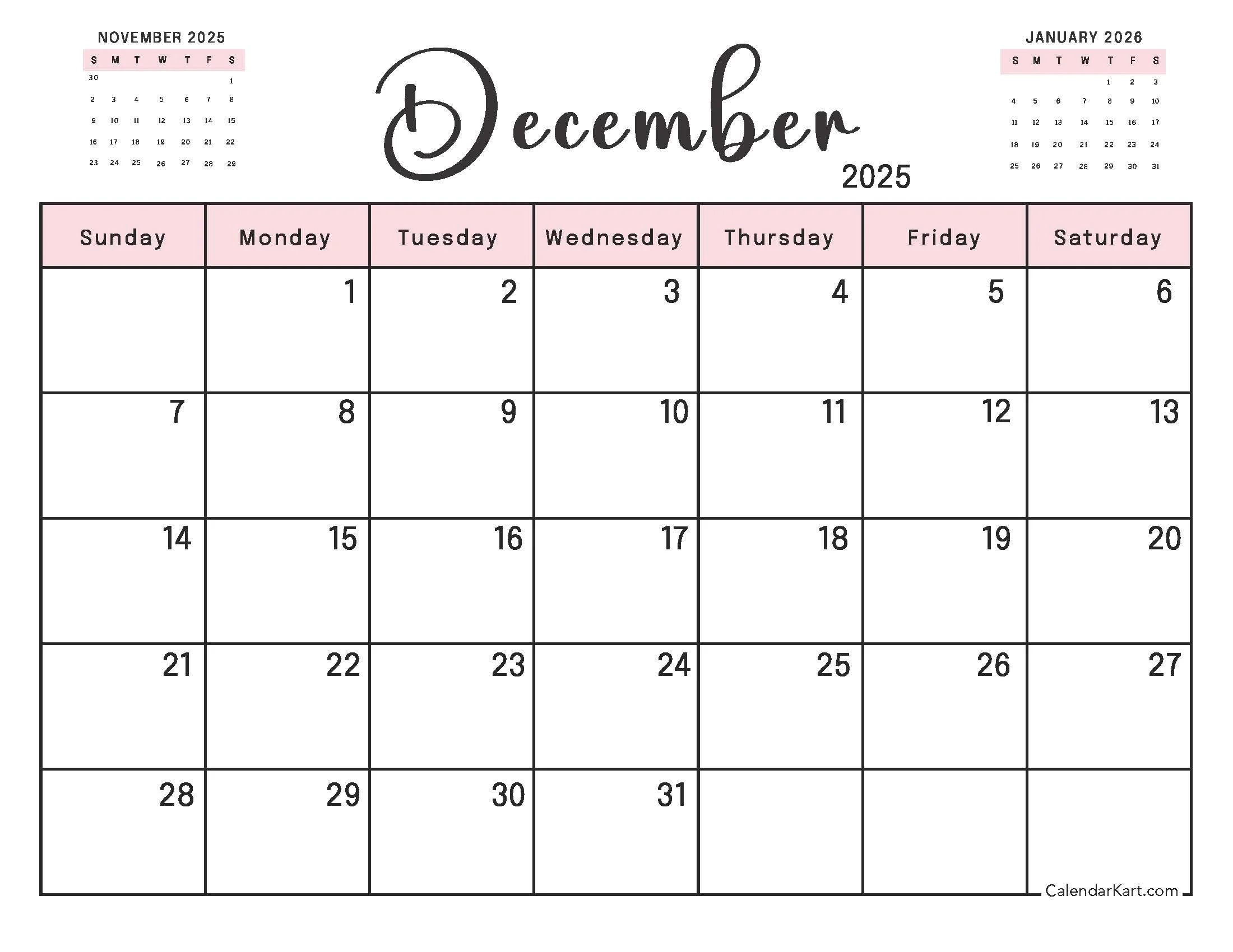 Printable December 2025 Calendars Free Pdf CalendarKart