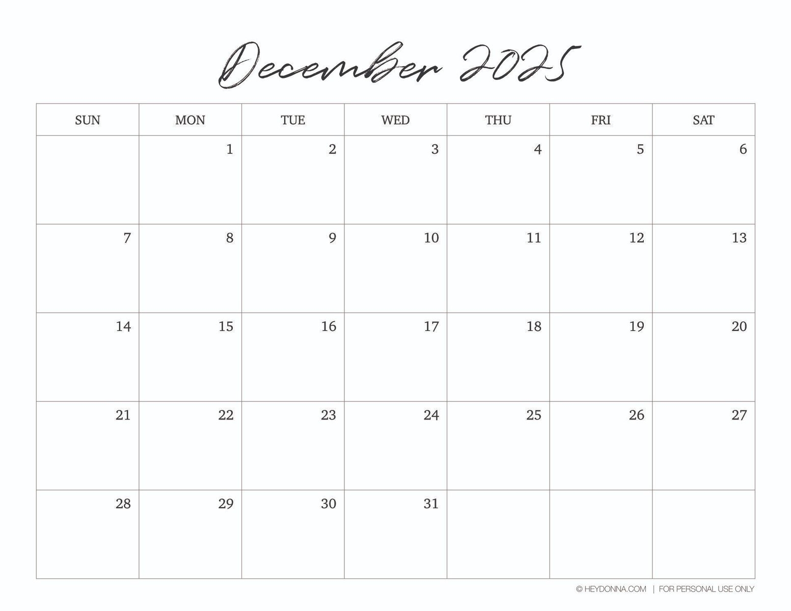 Printable December 2025 Monthly Calendar Hey Donna 