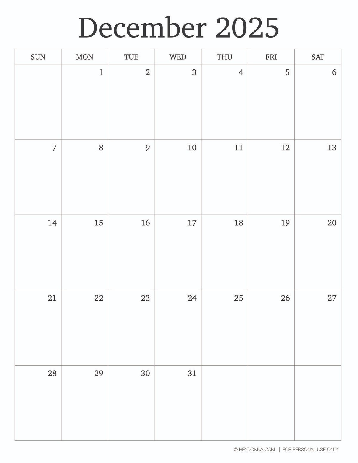 Printable December 2025 Monthly Calendar Hey Donna 