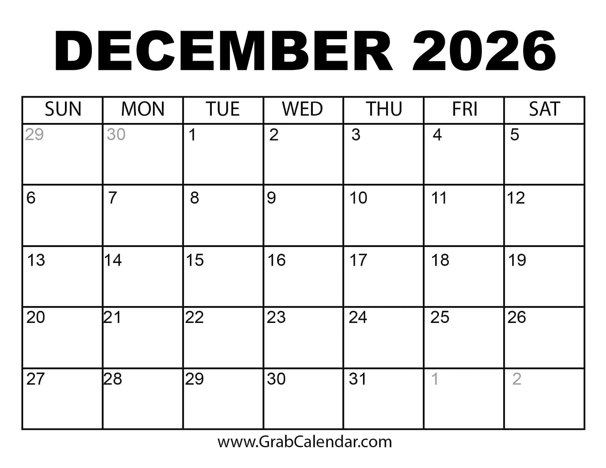 printable december 2026 calendar