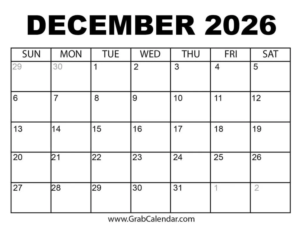 Printable December 2026 Calendar