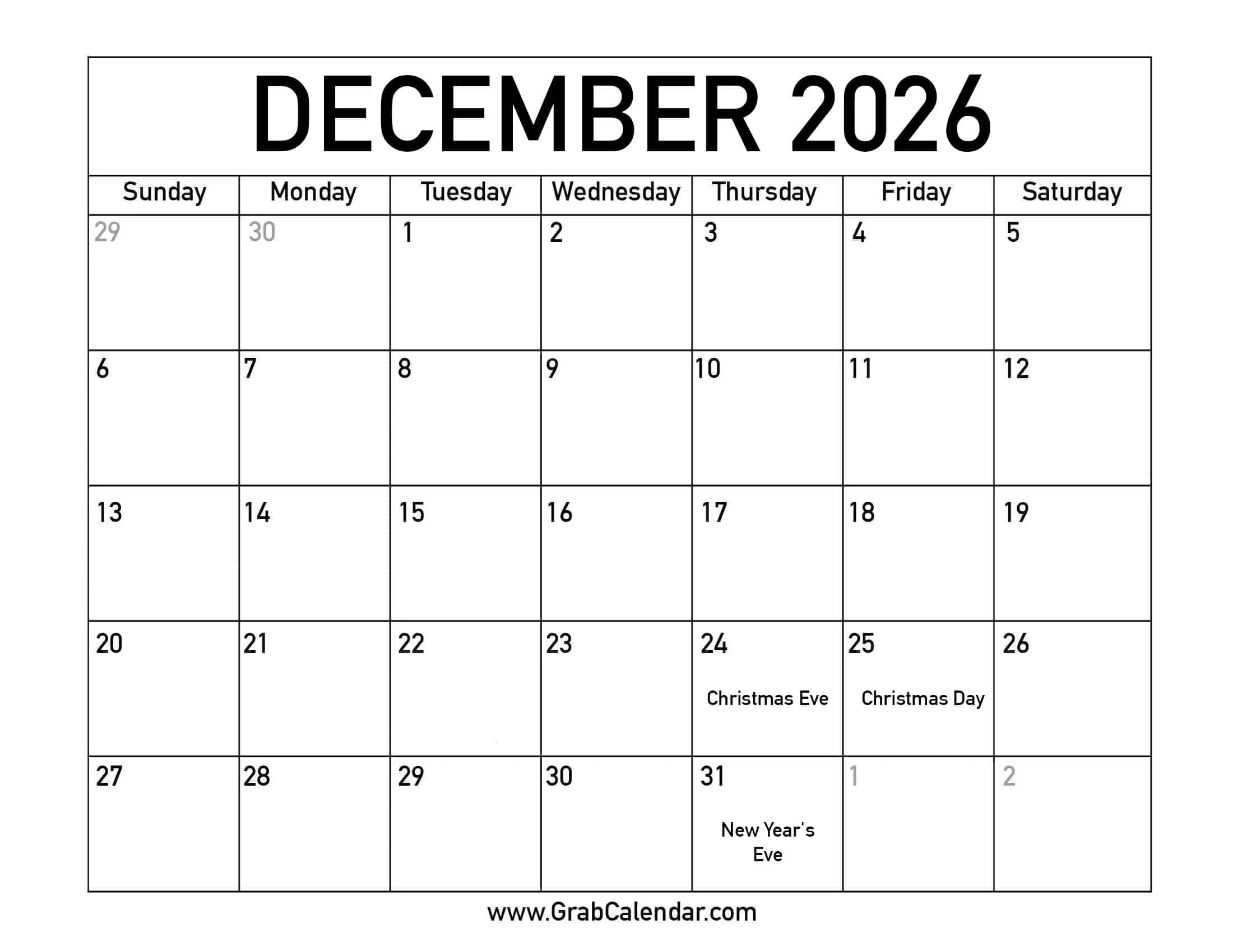 Printable December 2026 Calendar