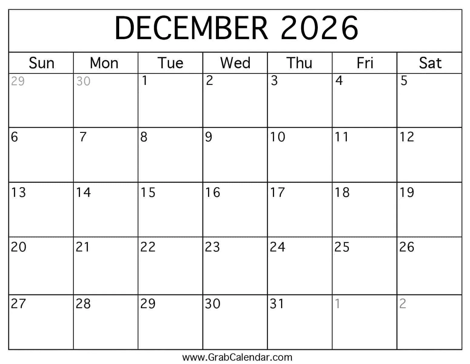 Printable December 2026 Calendar