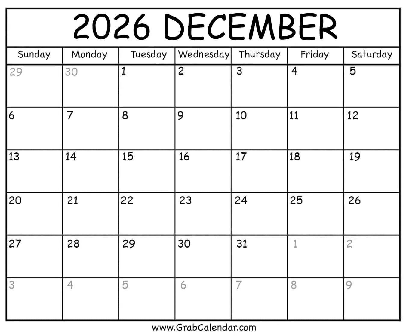 December 2026 Printable Month Calendar