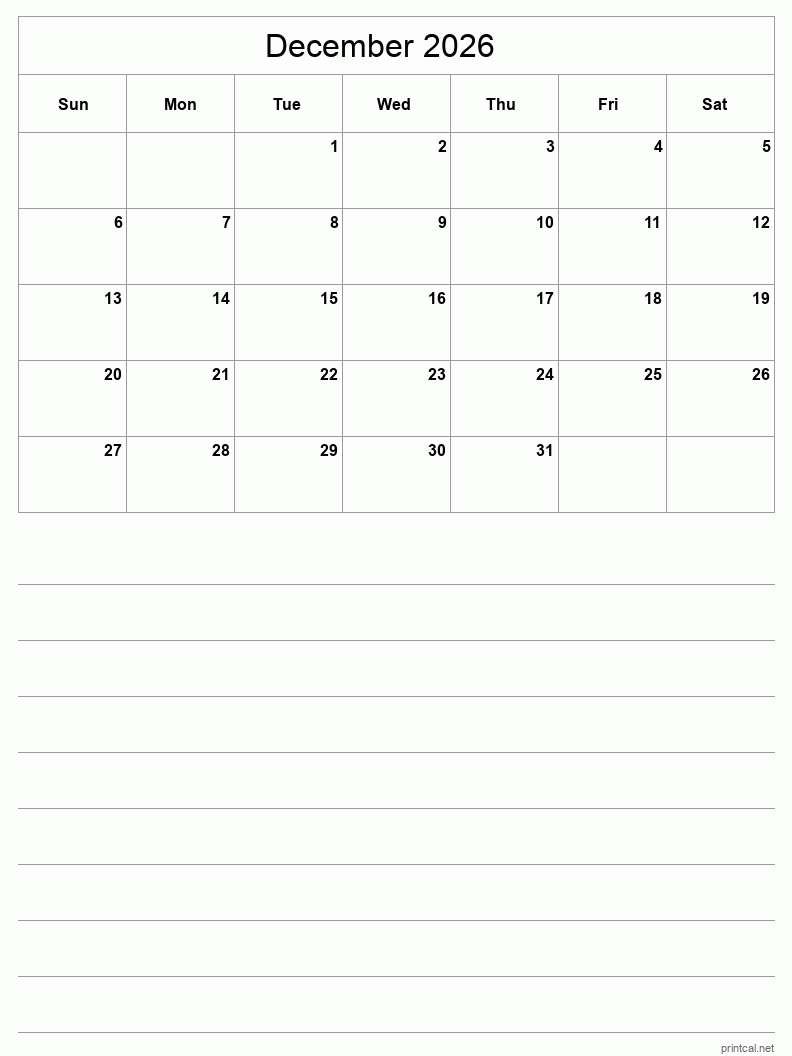 printable december 2026 calendar free printable calendars