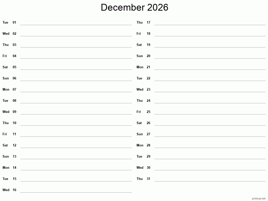 Blank Dec 2026 Printable Calendar