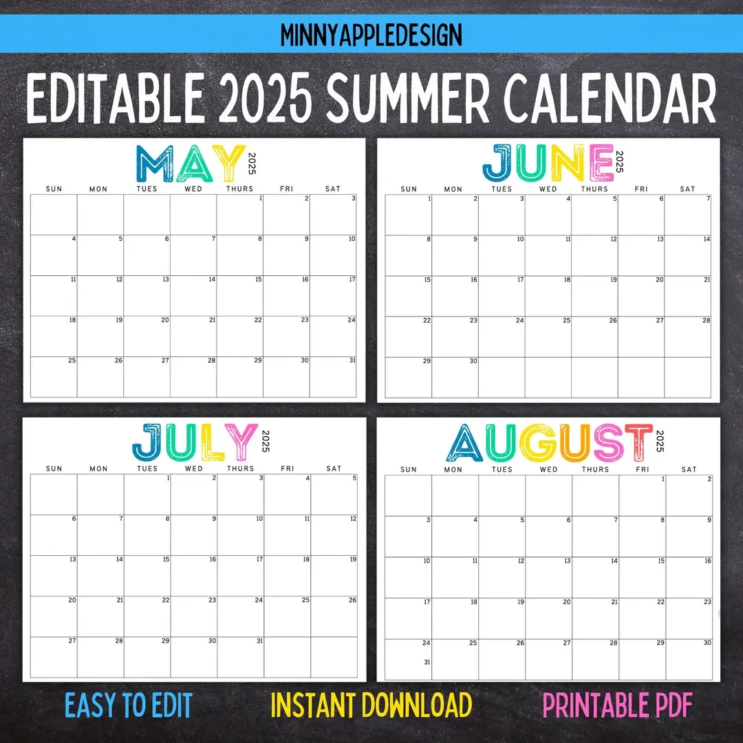 Printable Editable SUMMER Calendar June July August Calendar May 2025 June 2025 July 2025 August 2025 Summer Planner