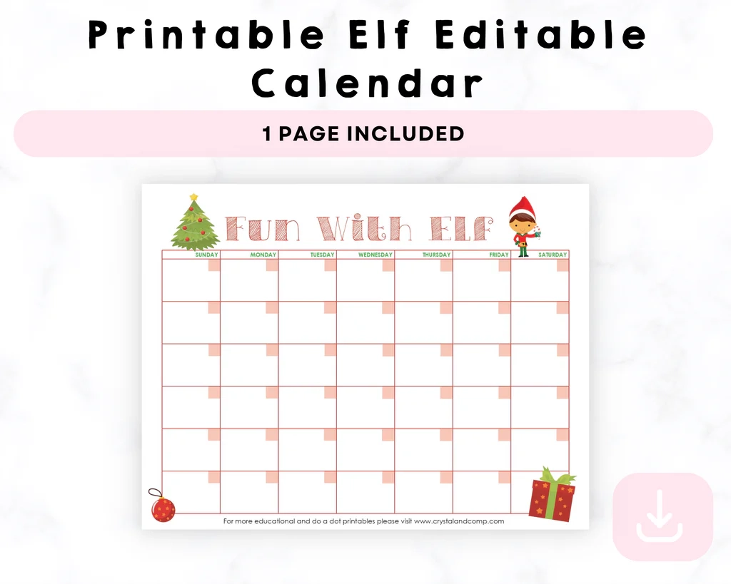 Printable Elf Editable Calendar