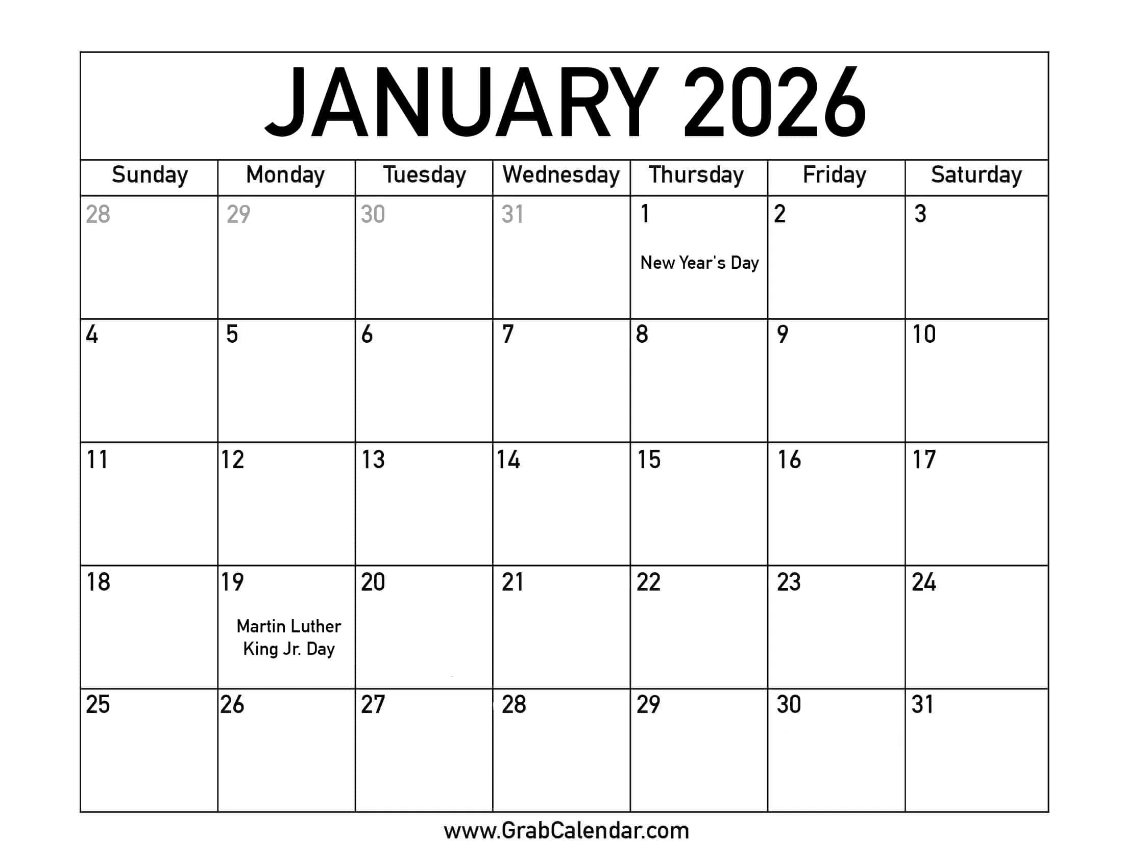 2026 Printable Blank Calendar With Holidays