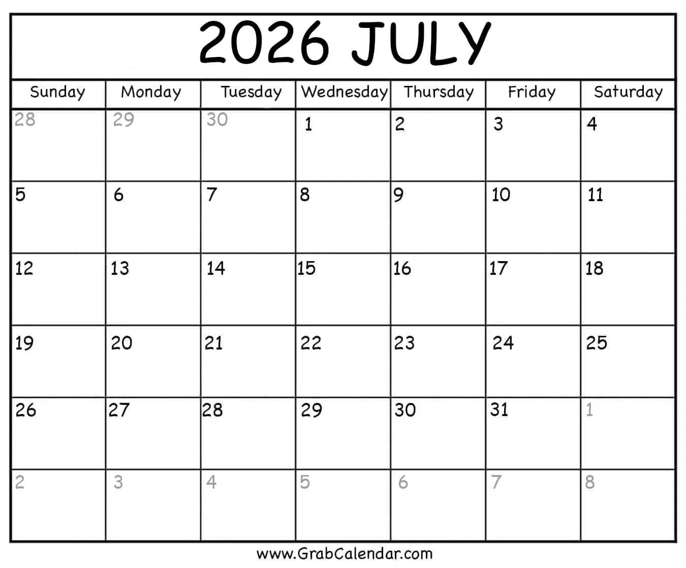 Printable July 2026 Calendar