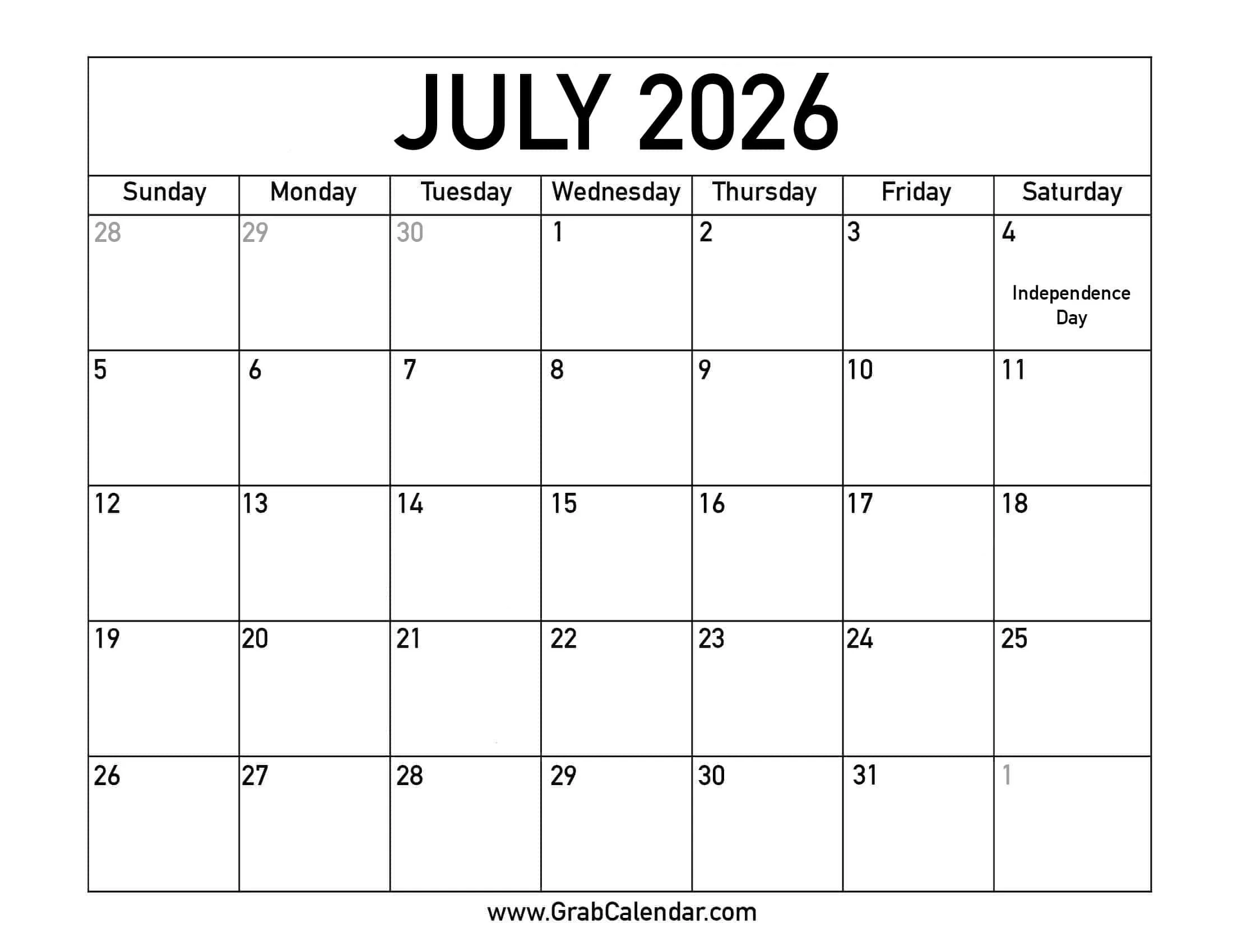 Printable Blank July 2026 Calendar