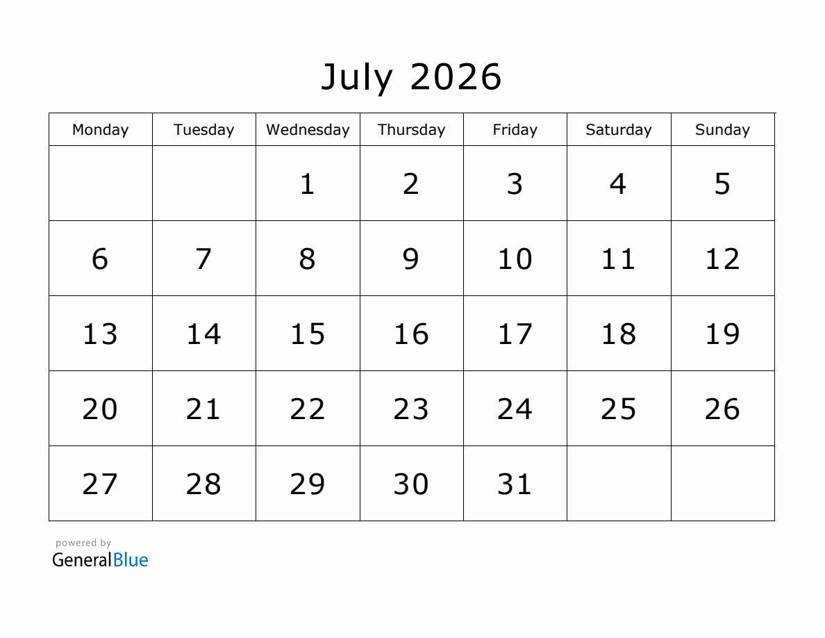 Printable July 2026 Calendar Monday Start