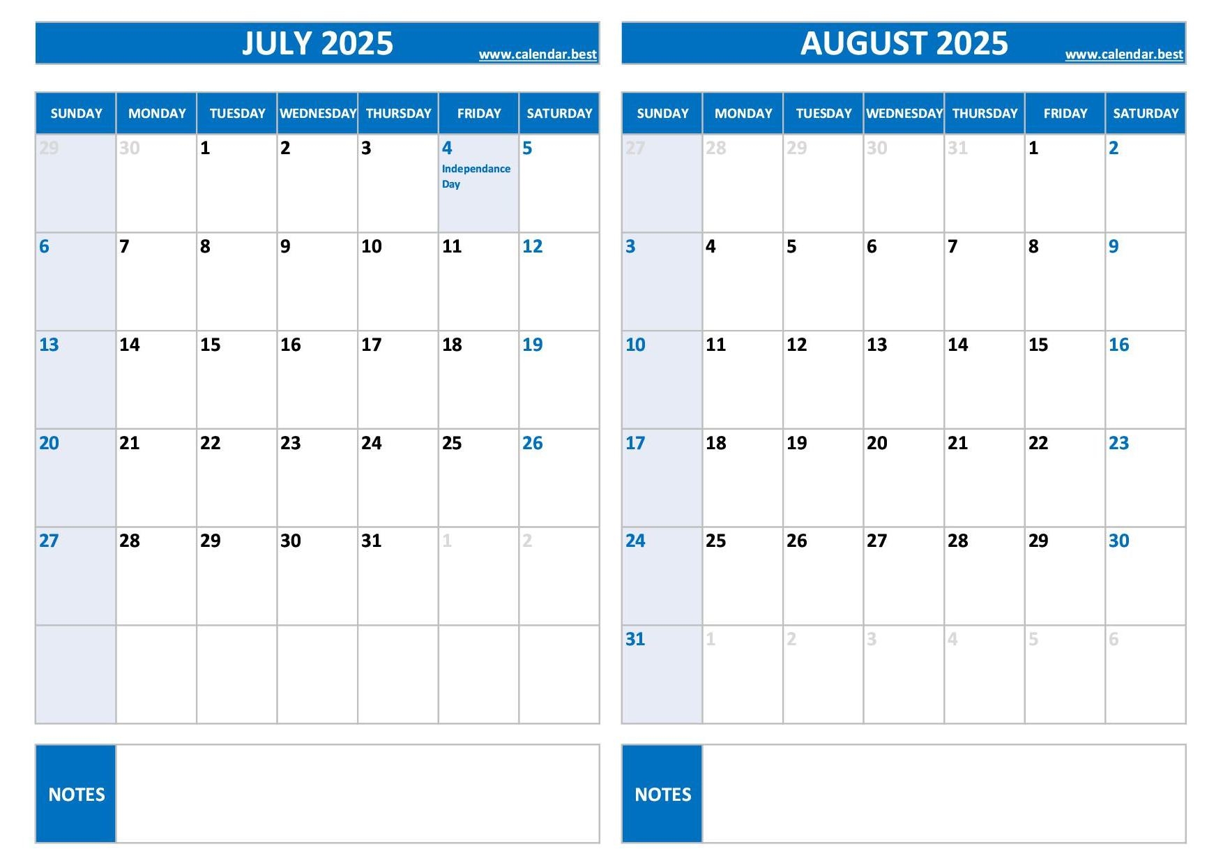 Printable July And August 2025 Calendar Free PDF amp JPG Downloads
