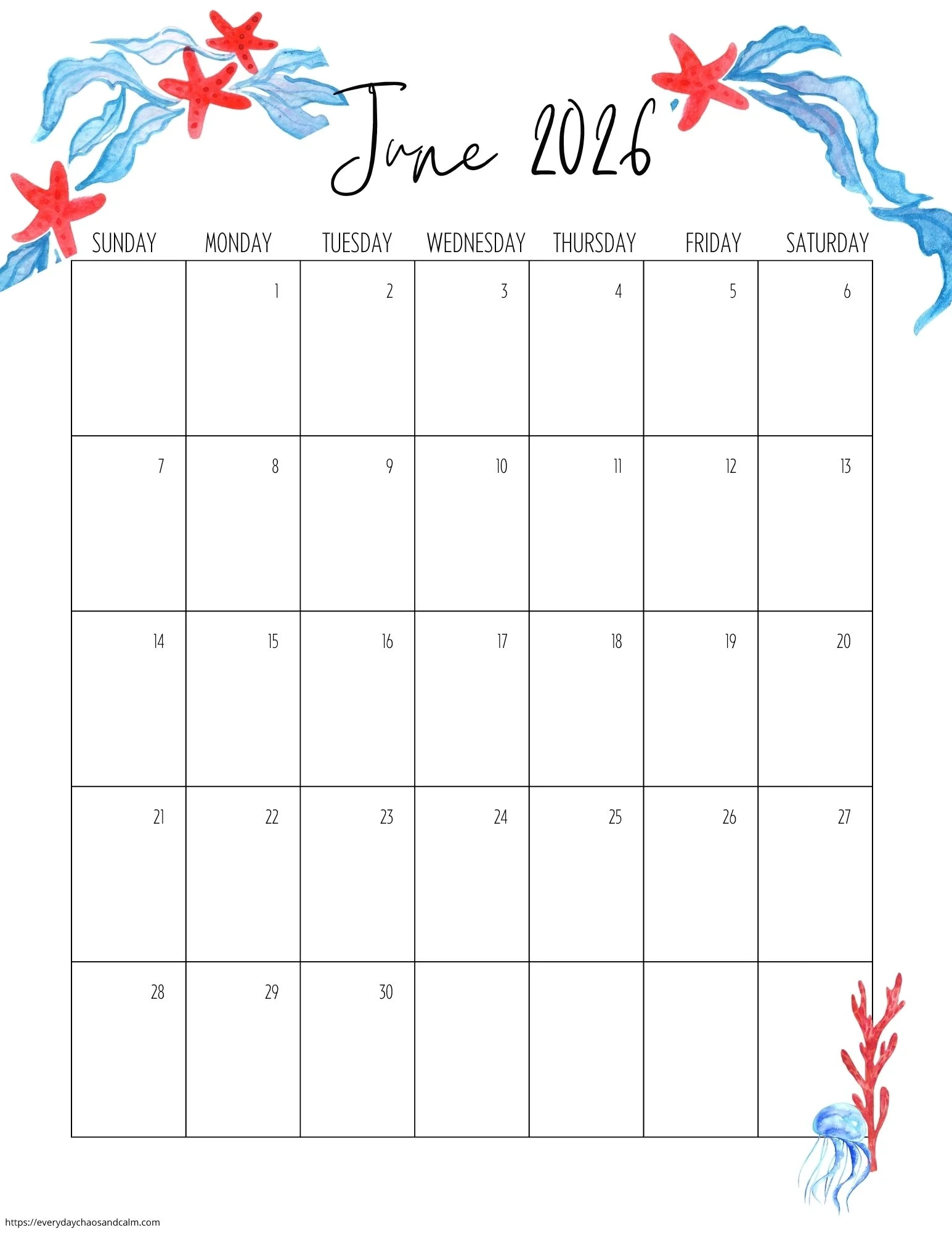 June 2026 Calendar Vertical