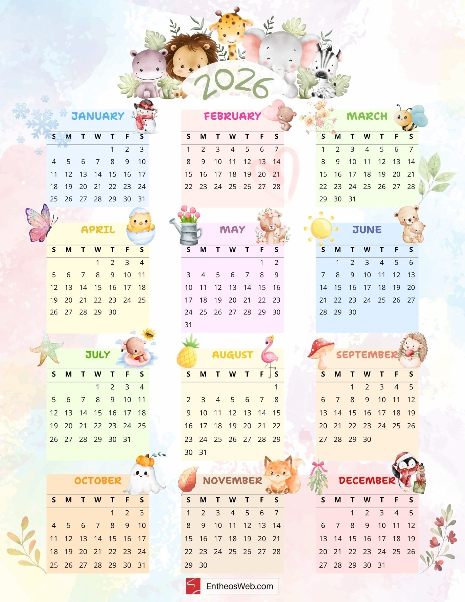Printable Kids Calendar 2026 Cute Single Page Full Year PDF 
