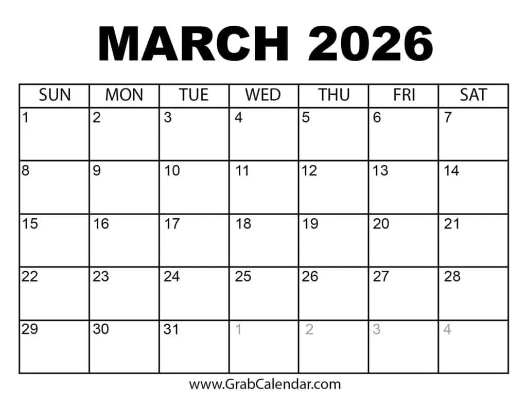 printable march 2026 calendar