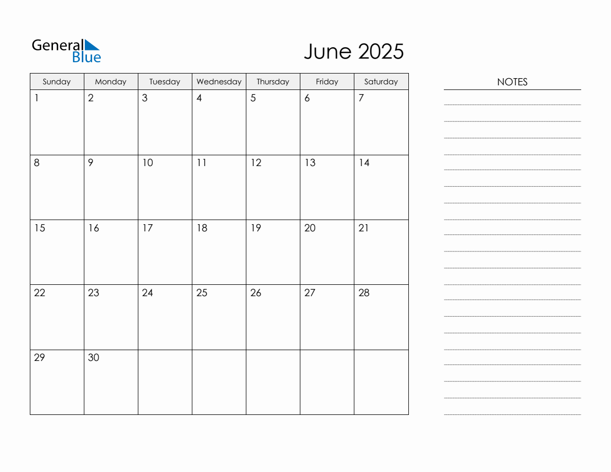 June 2025 Calendar With Notes