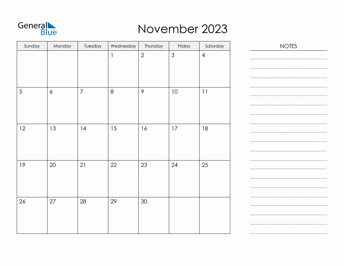 Printable Monthly Calendar With Notes November 2023