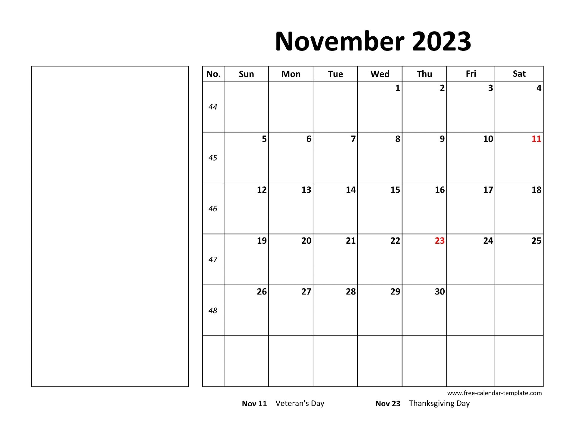 Printable November 2023 Calendar box And Lines For Notes Free 