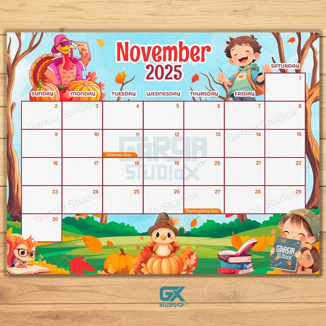 PRINTABLE November 2025 Calendar For Kids Thanksgiving Turkey 