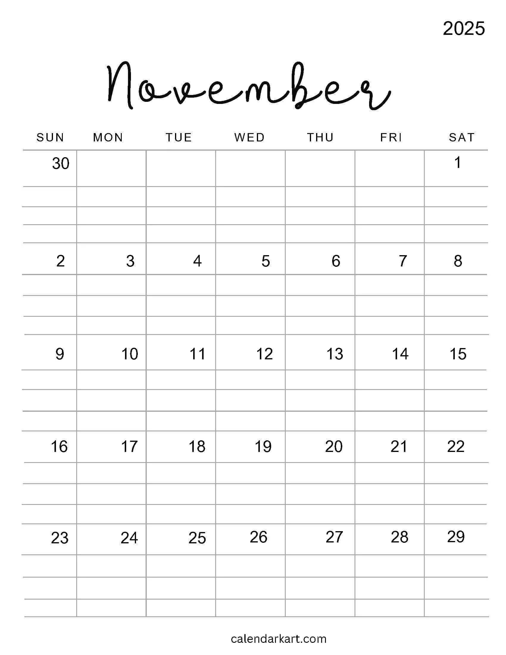Vertical Printable November Calendar