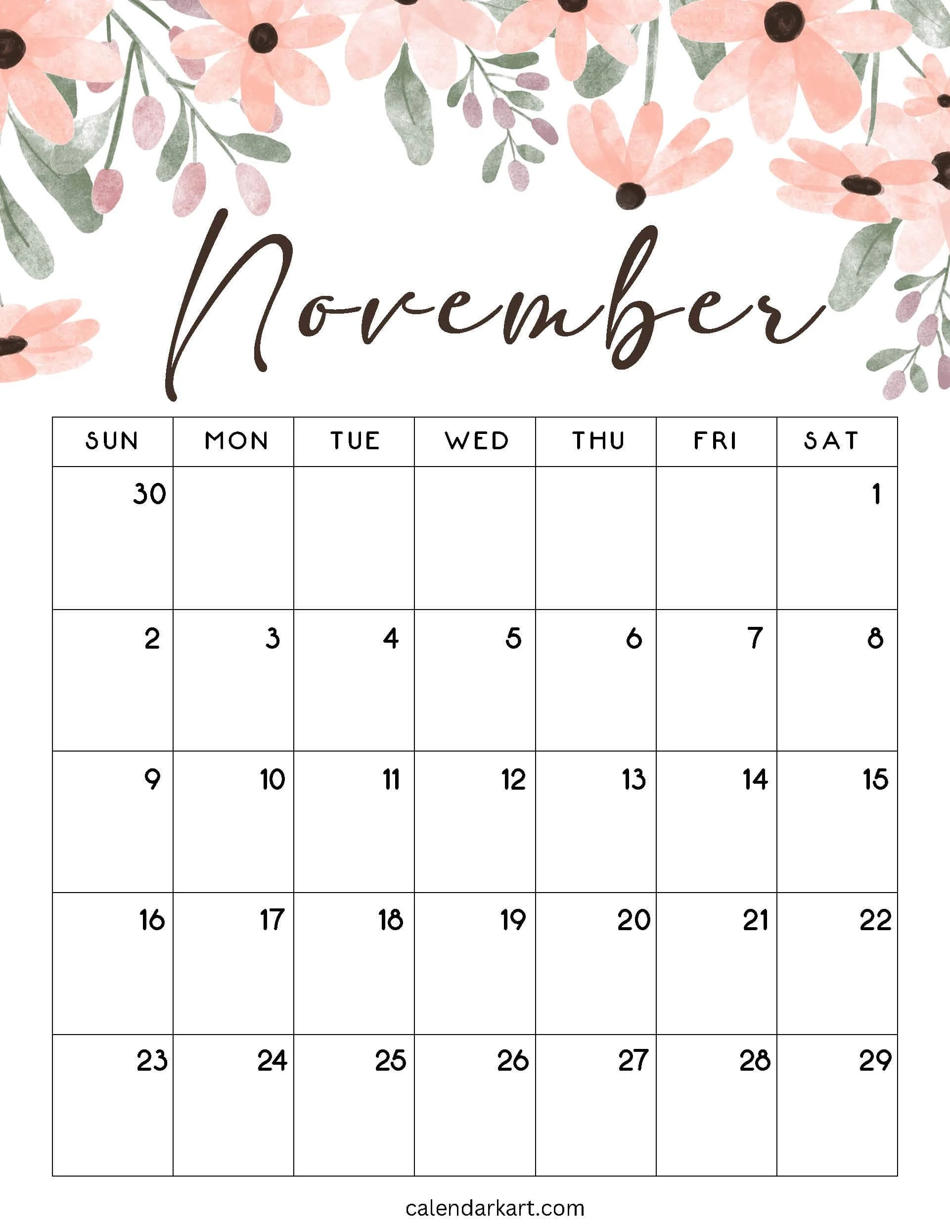Printable Calendar Of November