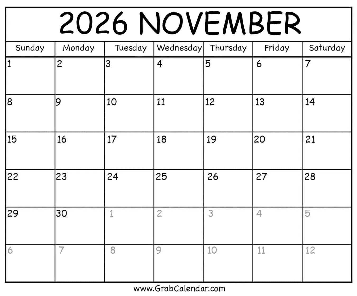 Printable November 2026 Calendar With Lines