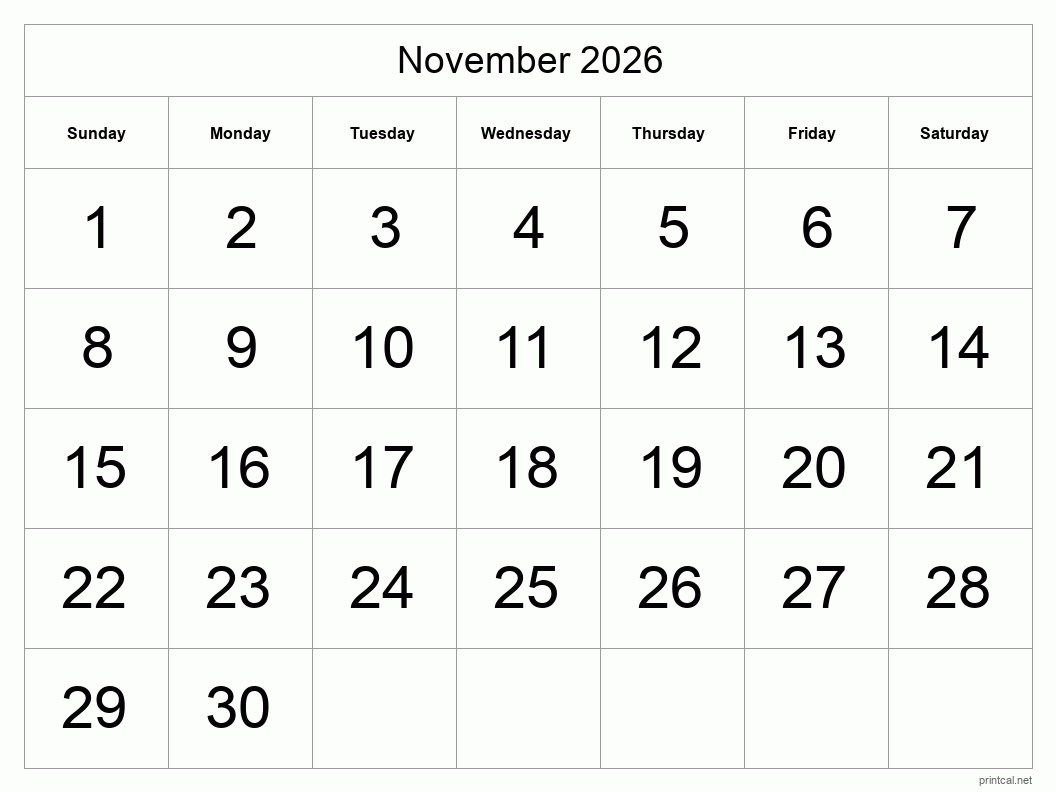 Printable November 2026 Calendar Big Dates