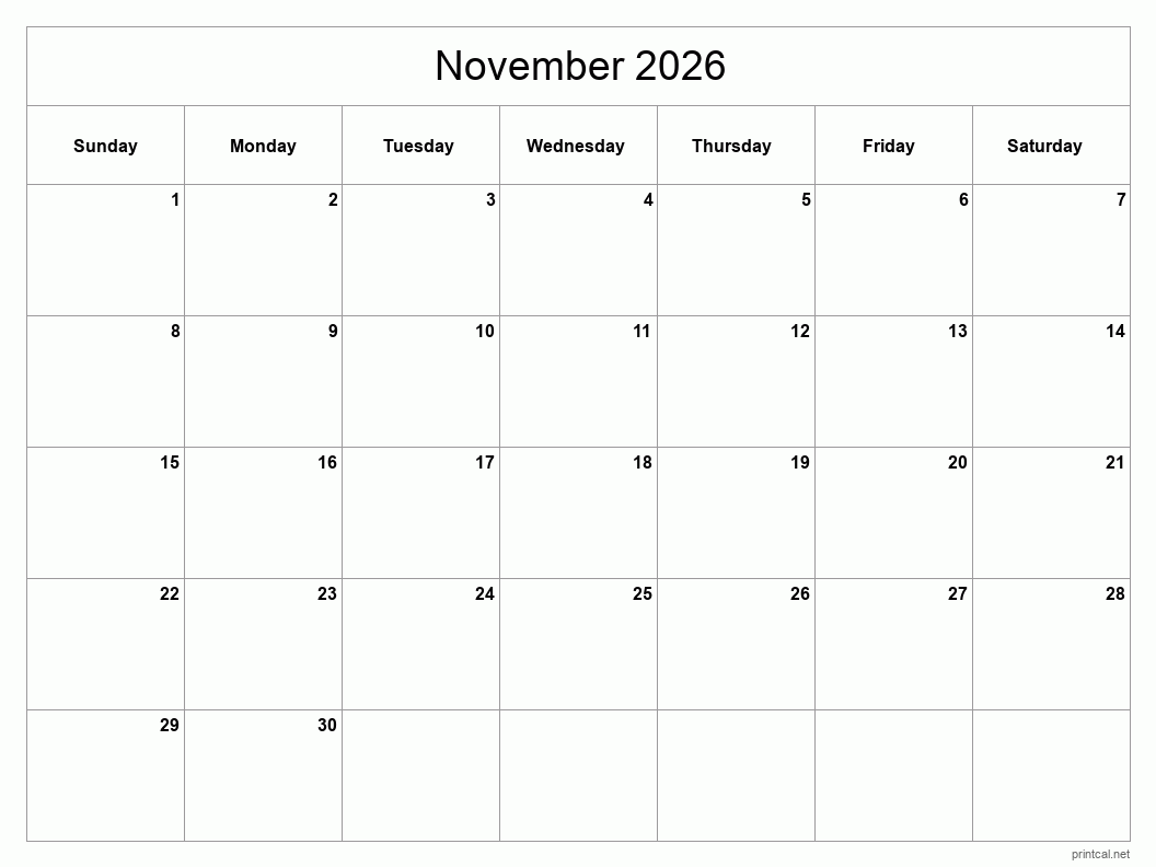 Calendar November 2026 Fill In Printable