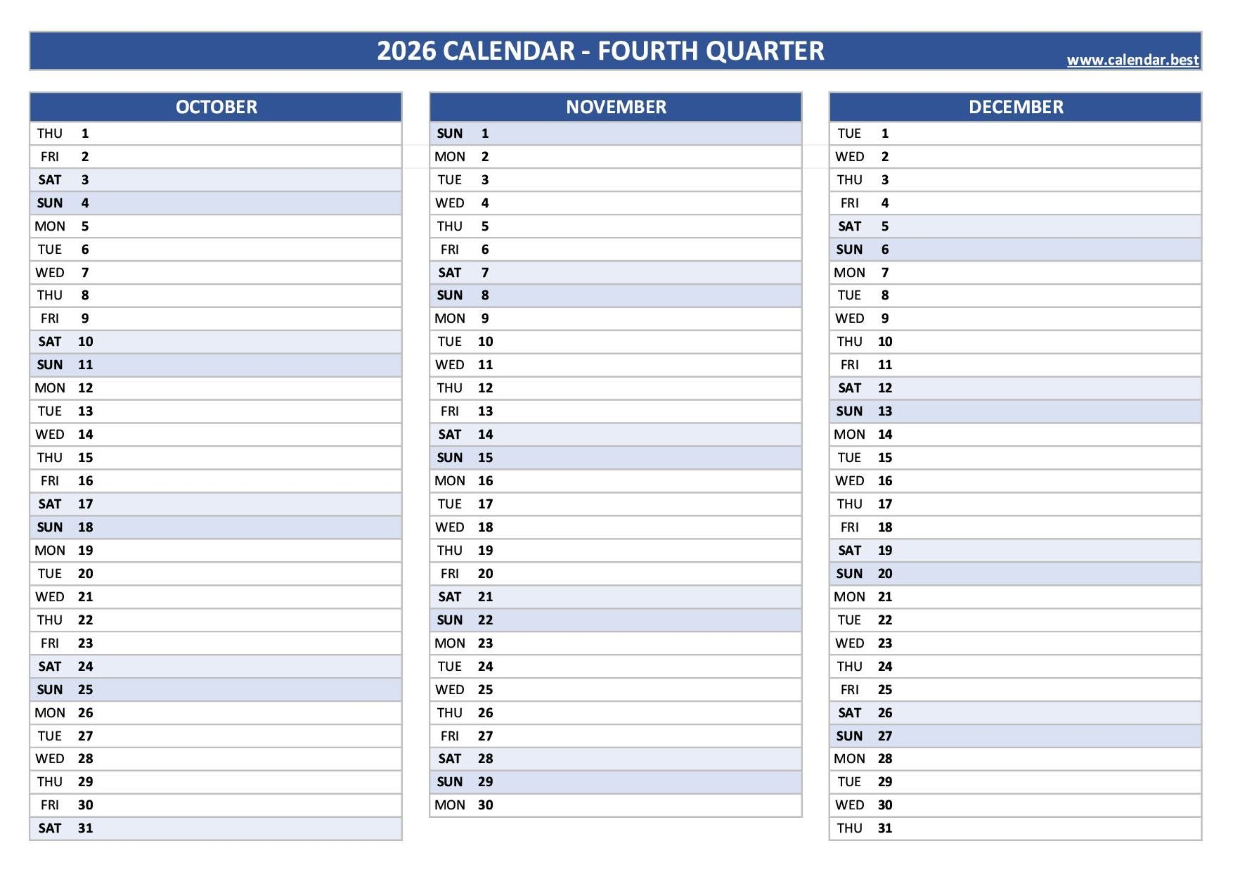 Printable November And December 2026 Calendar