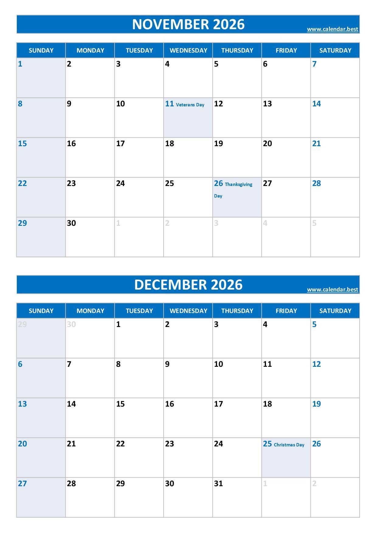Printable November And December 2026 Calendar Free PDF amp JPG 