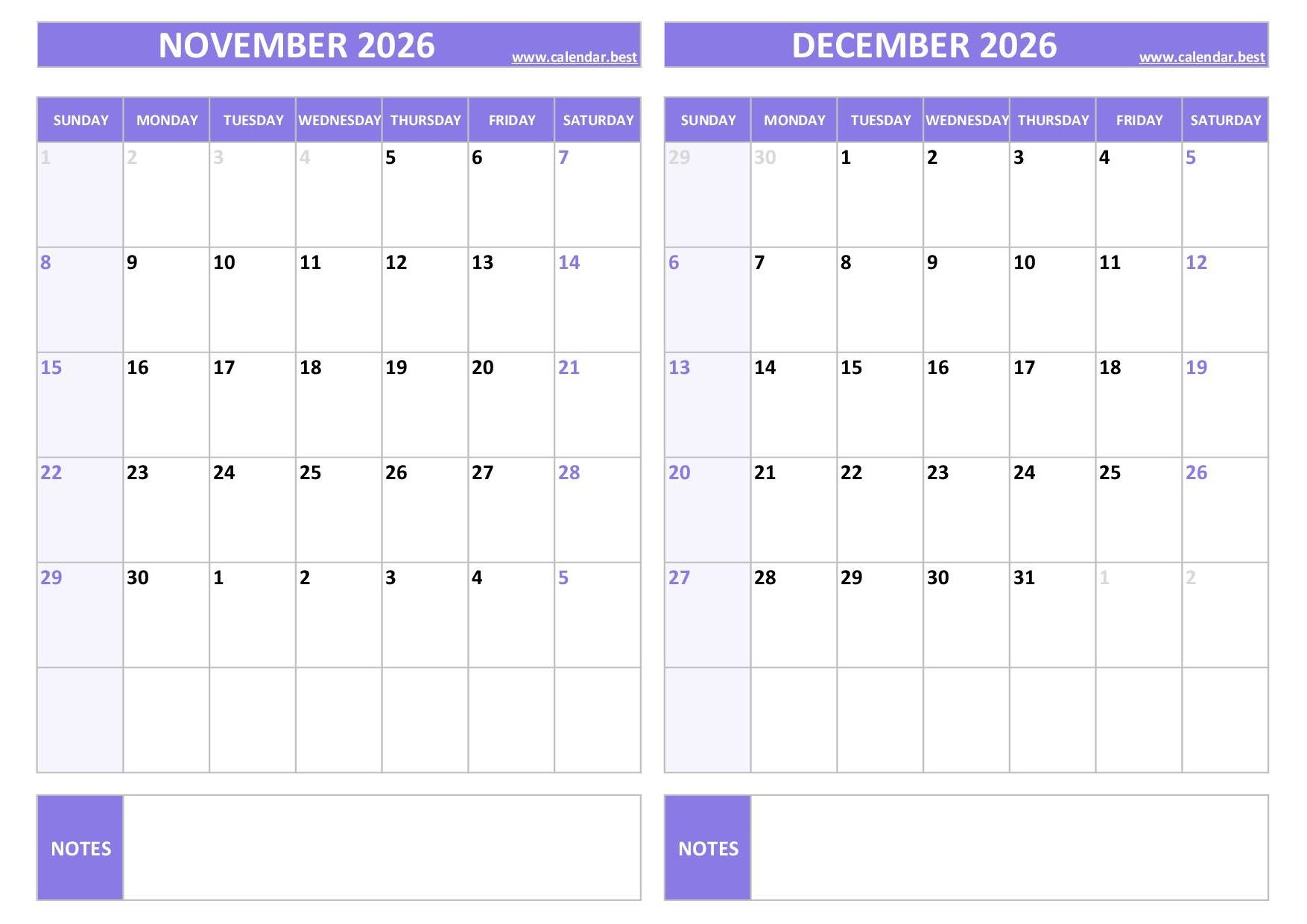 November December 2026 Calendar Printable