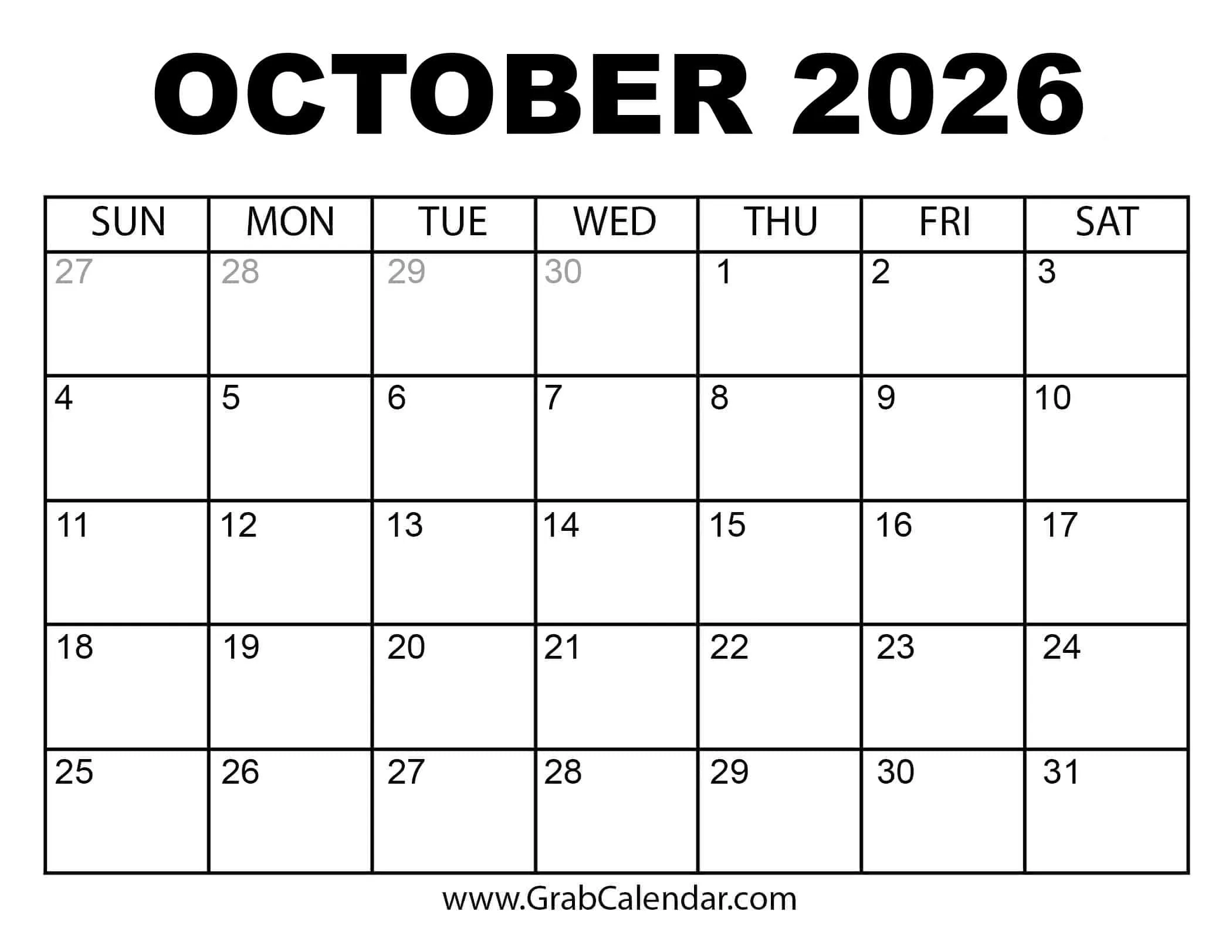 Printable Calendar 2026 October November December