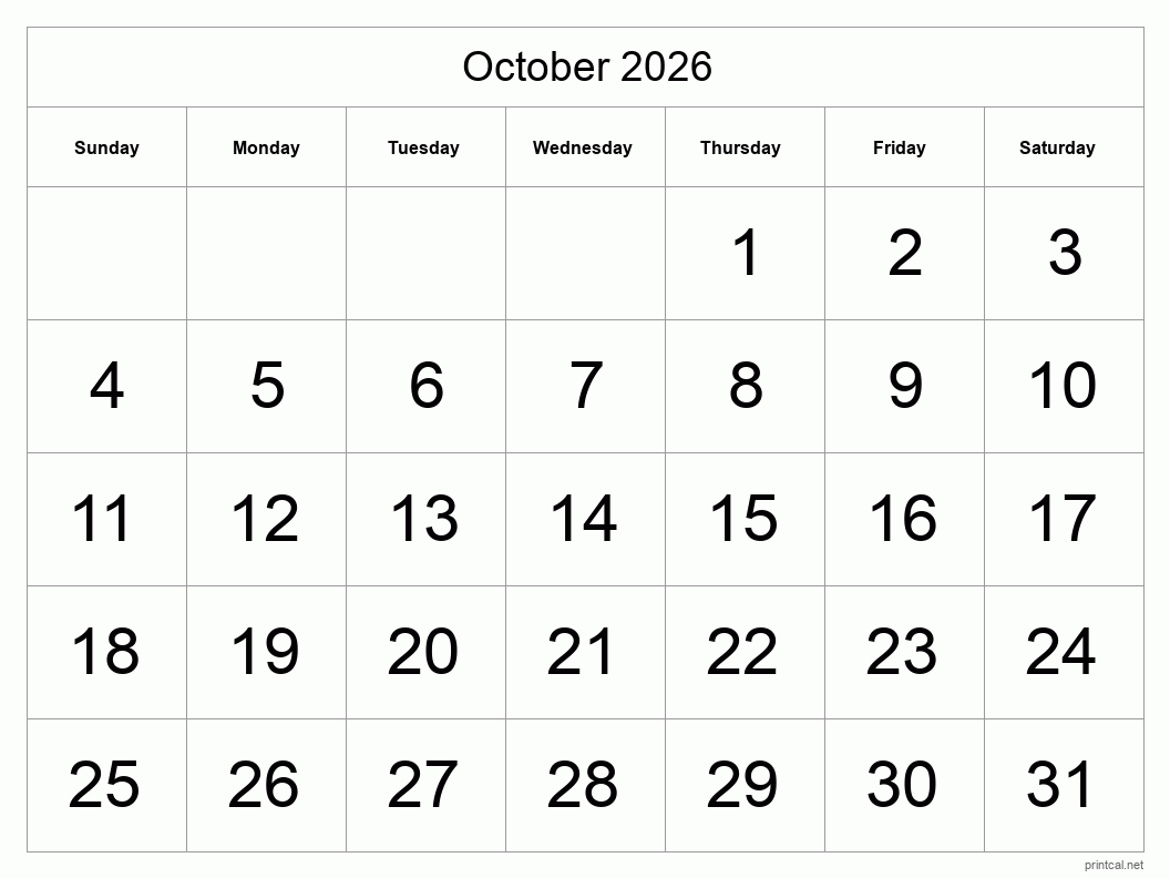 Printable Blank Calendar October2026