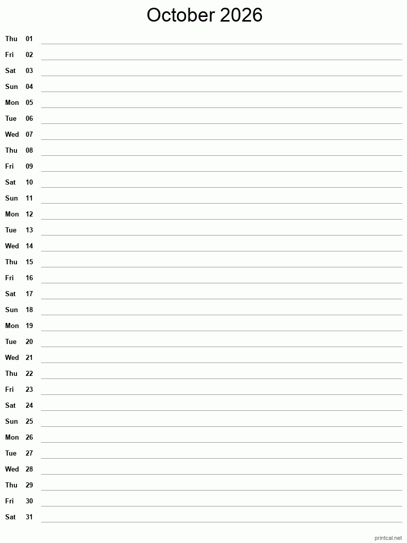 Blank October Calendar 2026 Printable