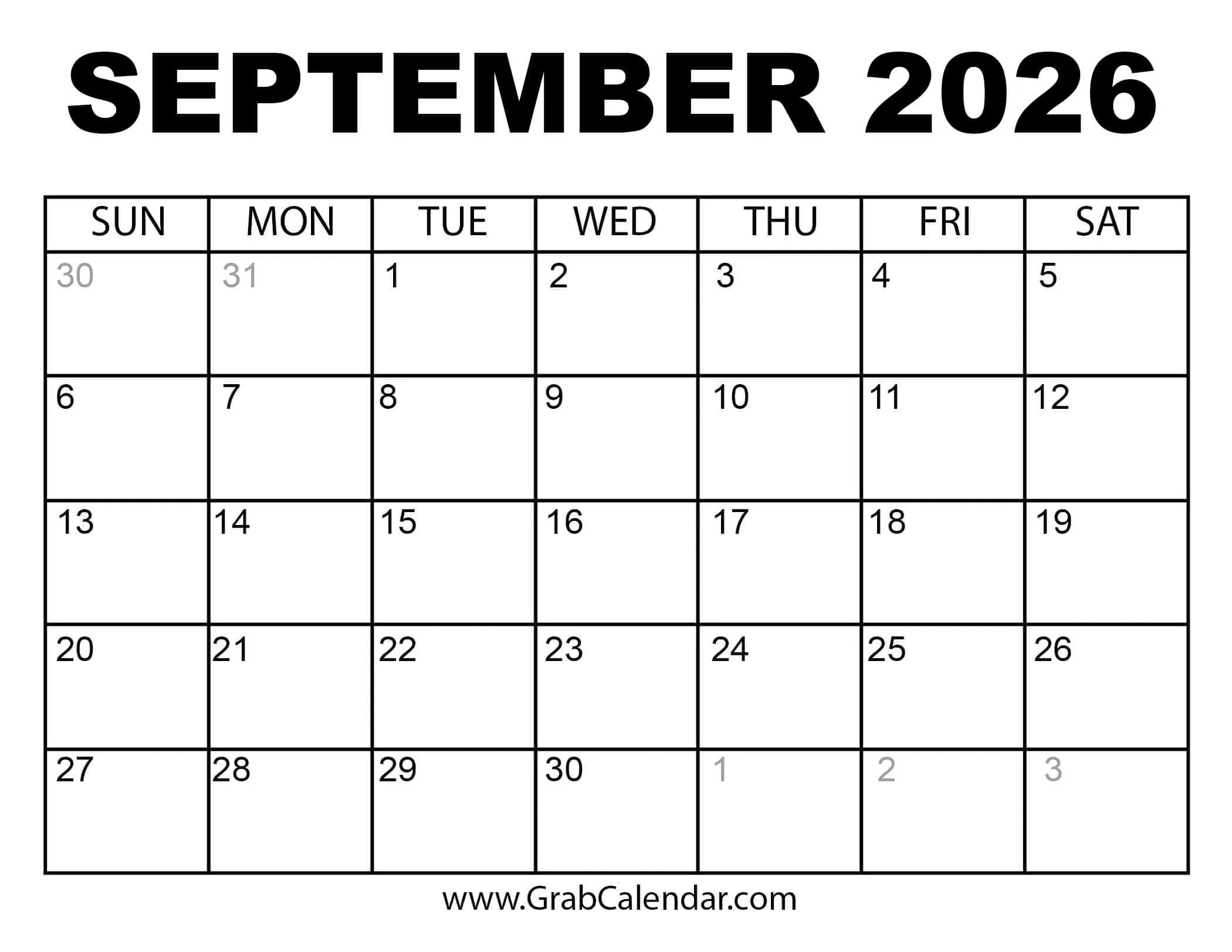 Calendar July August September 2026