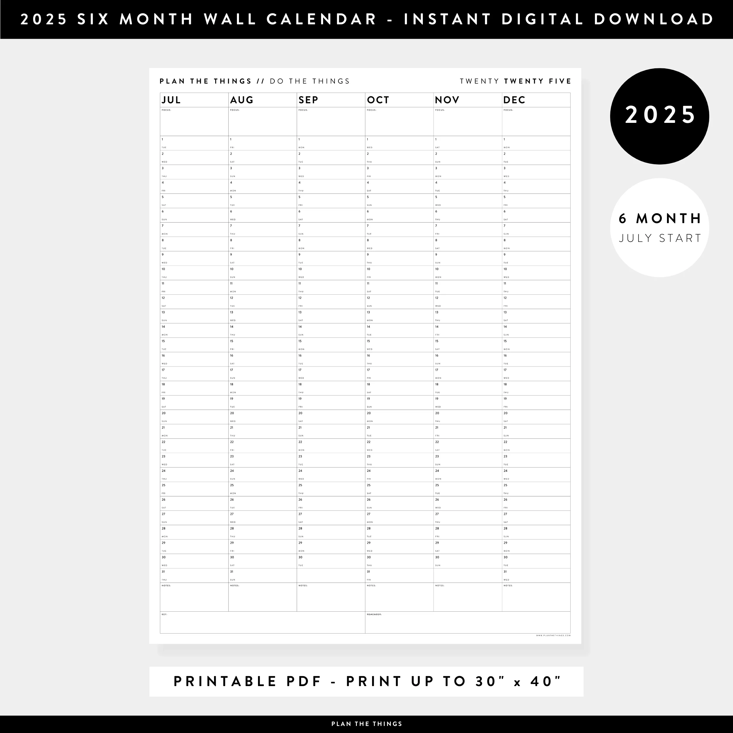 PRINTABLE SIX MONTH 2025 MINIMAL WALL CALENDAR JULY TO DECEMBER 
