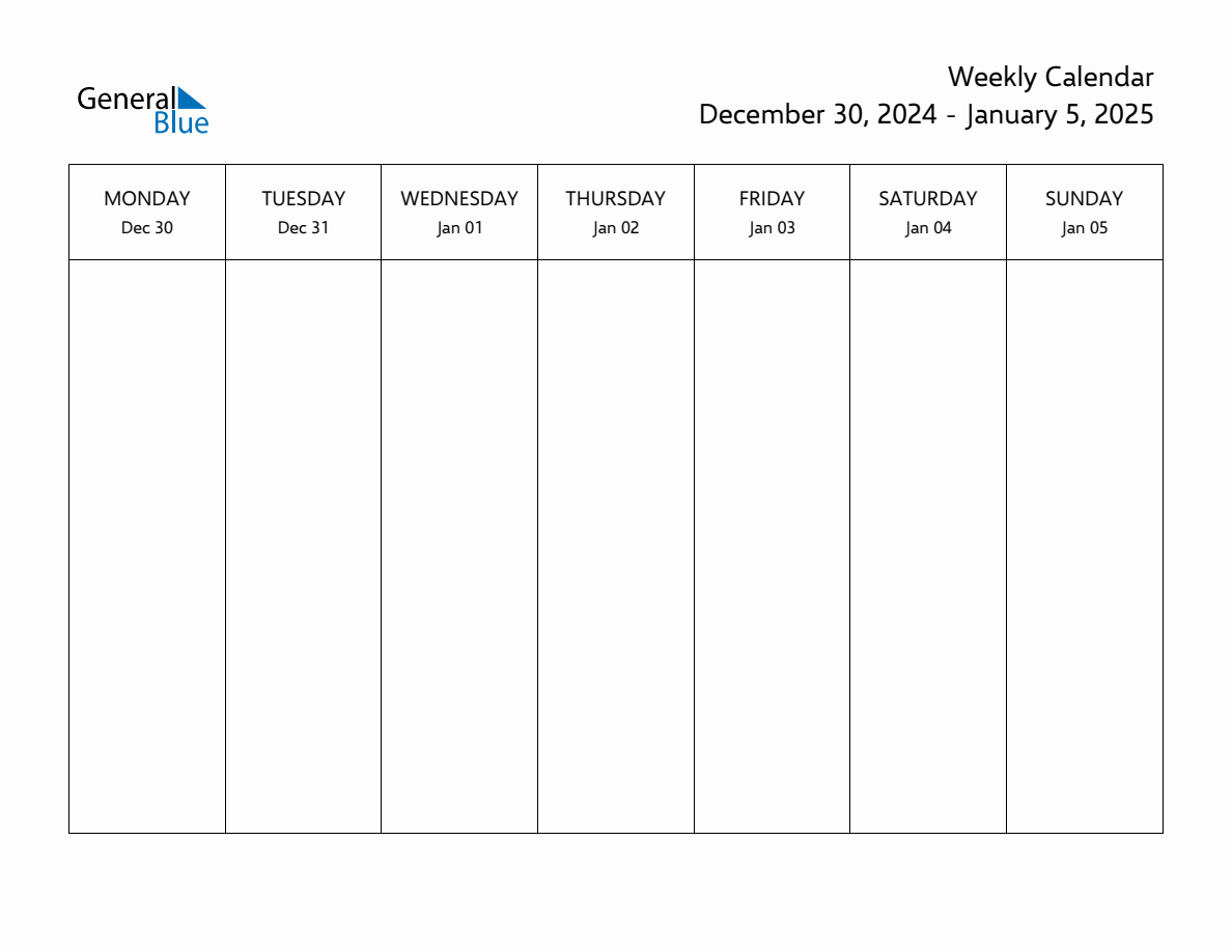 Printable Weekly Calendar For Week 1 Of 2025 Dec 30 Jan 5 