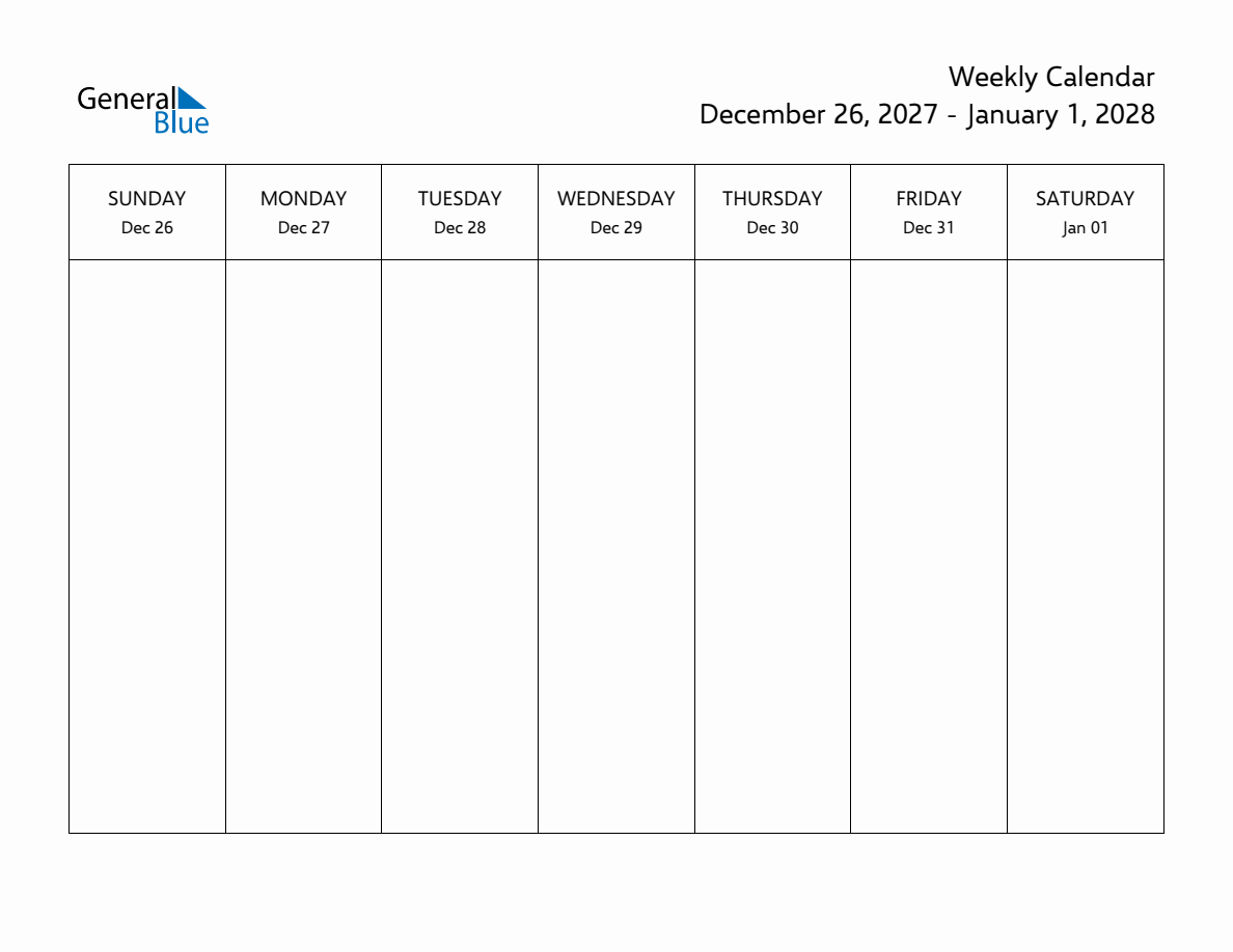 Printable Weekly Calendar For Week 1 Of 2028 Dec 26 Jan 1 