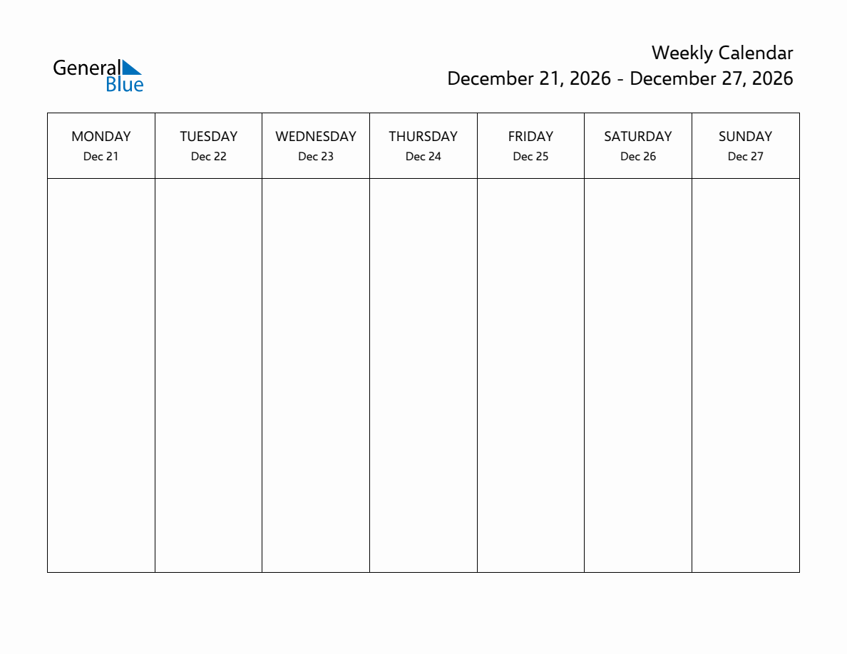 Printable Weekly Calendar For Week 52 Of 2026 Dec 21 Dec 27 