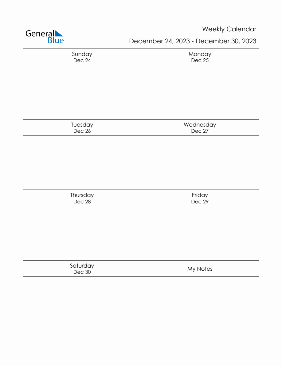 Printable Weekly Planner Template December 24 To December 30 2023 