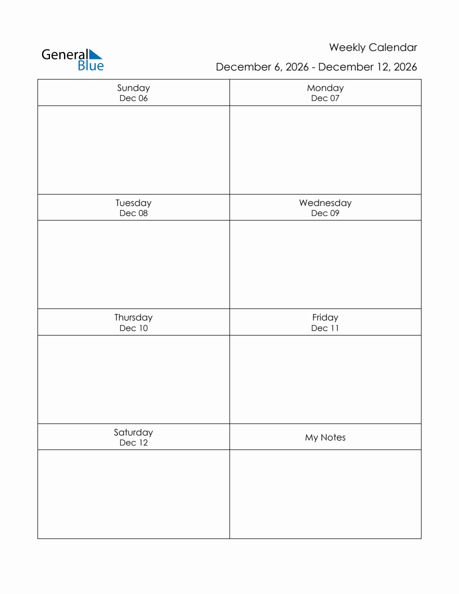 Printable Weekly Planner Template December 6 To December 12 2026 
